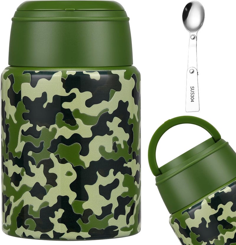 Aimsnk 17oz Soup Thermo for Hot Food Kids Insulated Food Jar,Thermo Hot Food Lunch Container, Width Mouth Stainless Steel Lunch Box for Kids with Handle Folding Spoon(Army Green - Camouflage) - Image 1